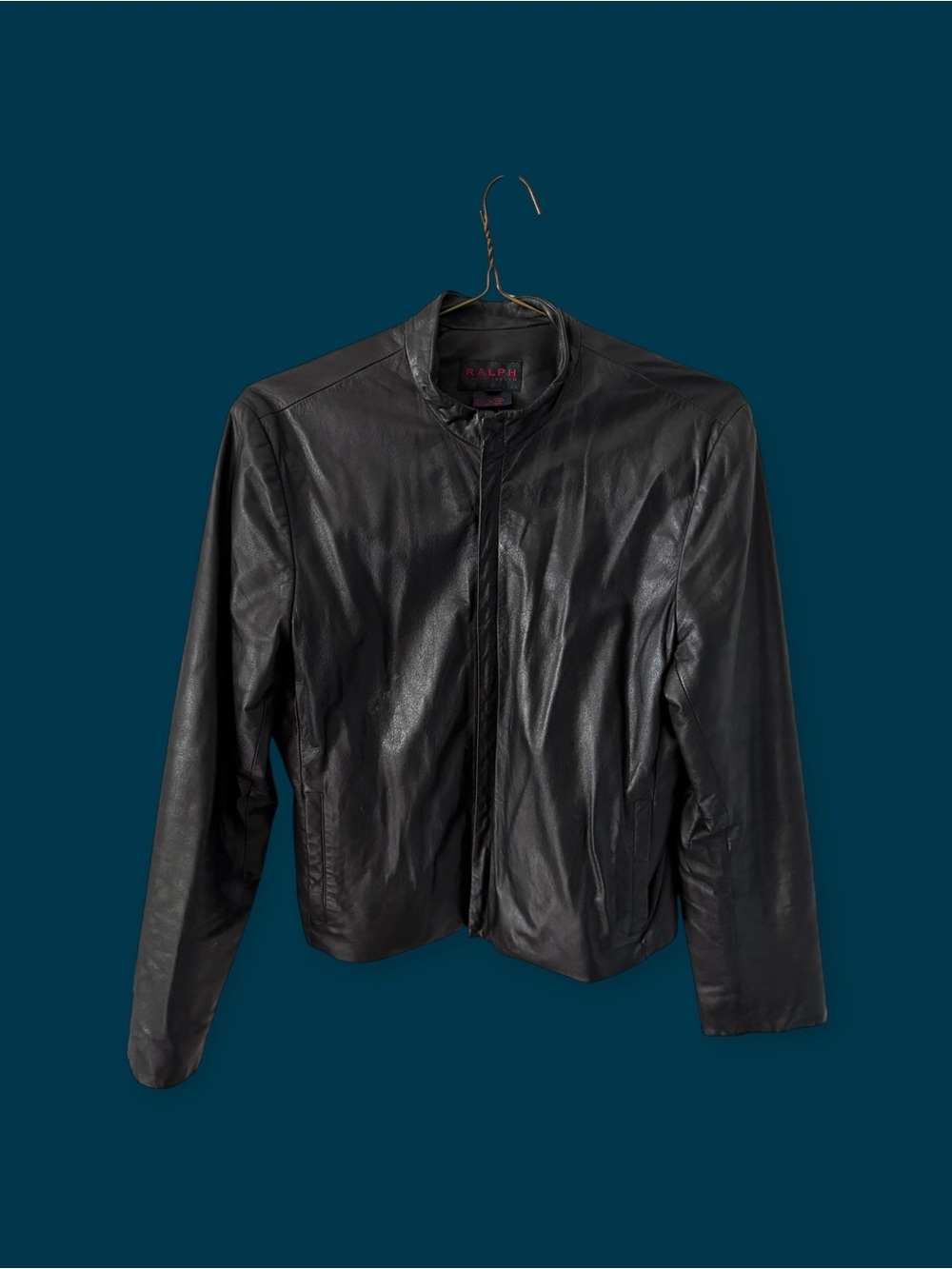 Vintage Ralph Lauren Black Leather Jacket Size L Minimalist Cafe Racer Moto 90s